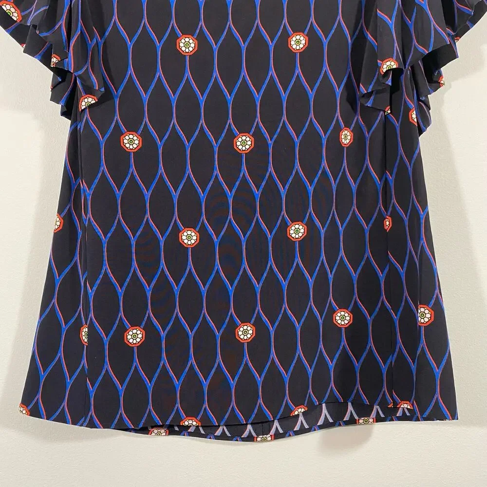 Kenzo x H&M Women's Abstract Print 100% Silk Ruffle Cap Sleeve Blouse Size 2